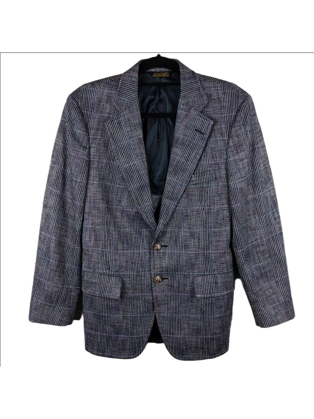 Hunter Haig Blue Grey Plaid One Notched Collar Long Sleeve Button Front Blazer